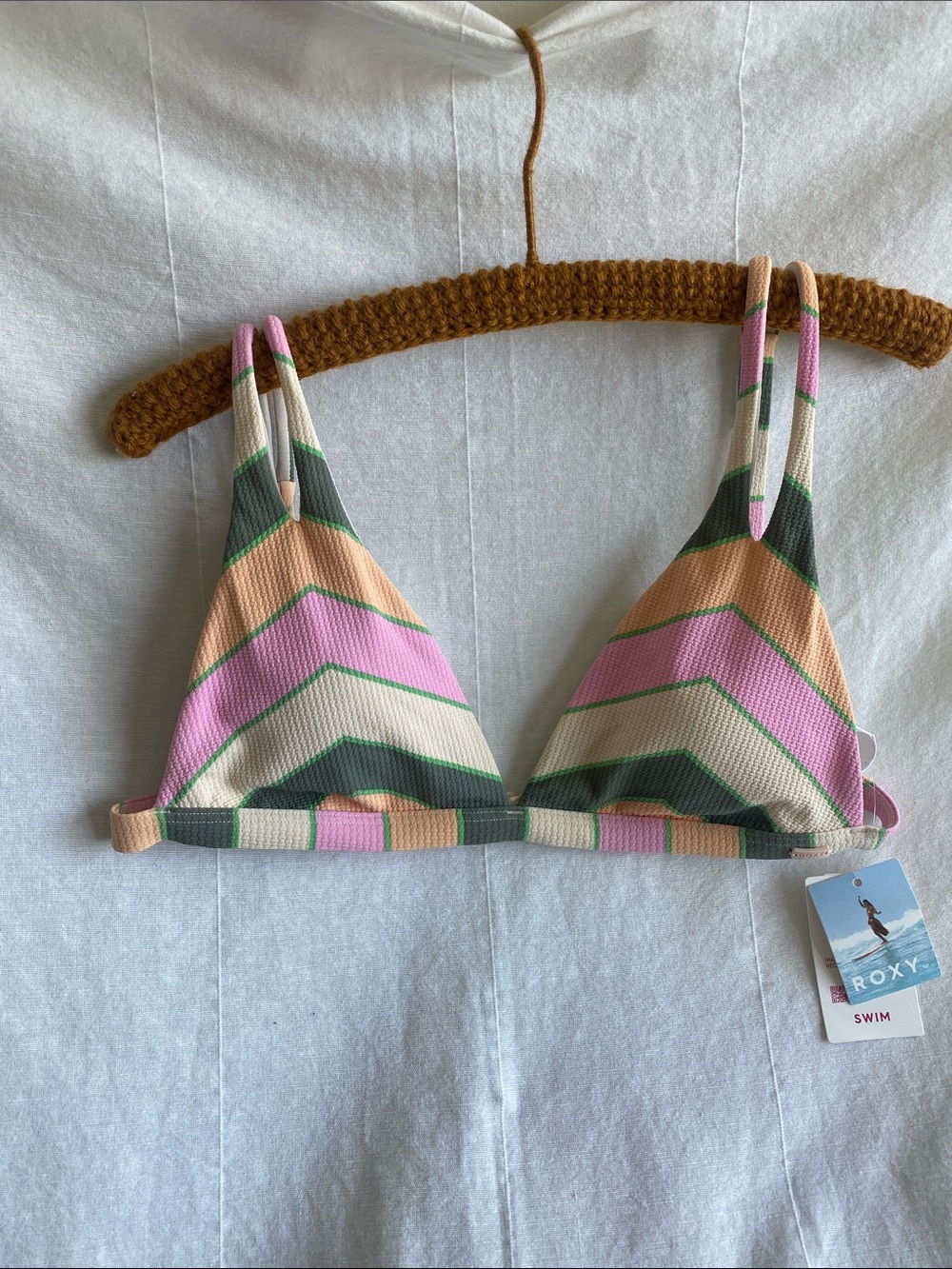 Roxy Pastel Chevron Triangle Bikini Top — Pink, Peach & Olive